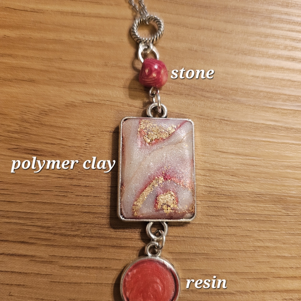 Layered Necklace With A Red Stone- A Bezel With Polymer Clay And One W/Resin